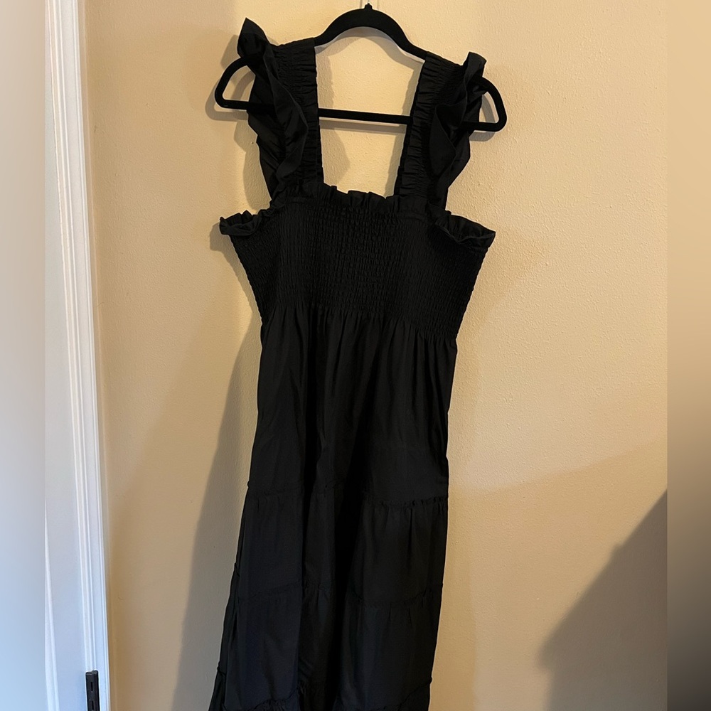 Hill House Black Ruffle-Strap Midi Dress